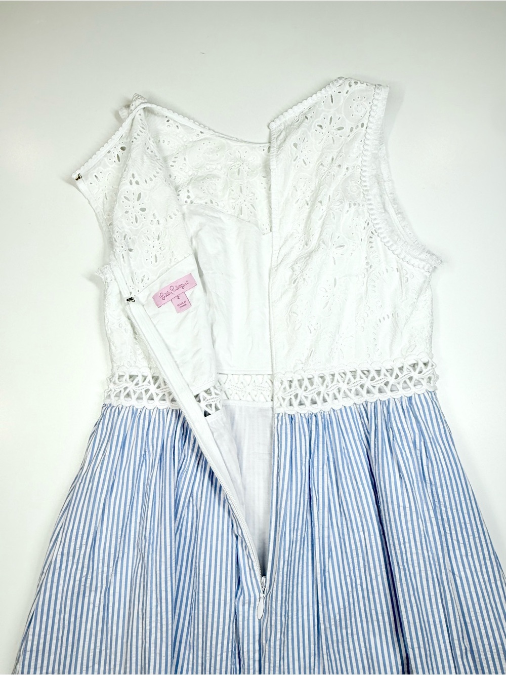 Lilly Pulitzer Seersucker Stripe Eyelet Fit & Flare Dress Size 2 - Picture 6 of 16